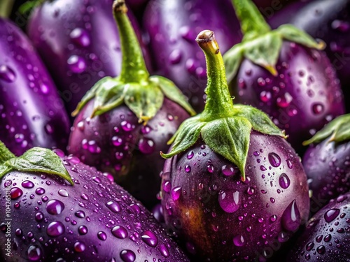 Fresh Vibrant Eggplants with Splashes of Purple Juice - A Macro Photography Delight