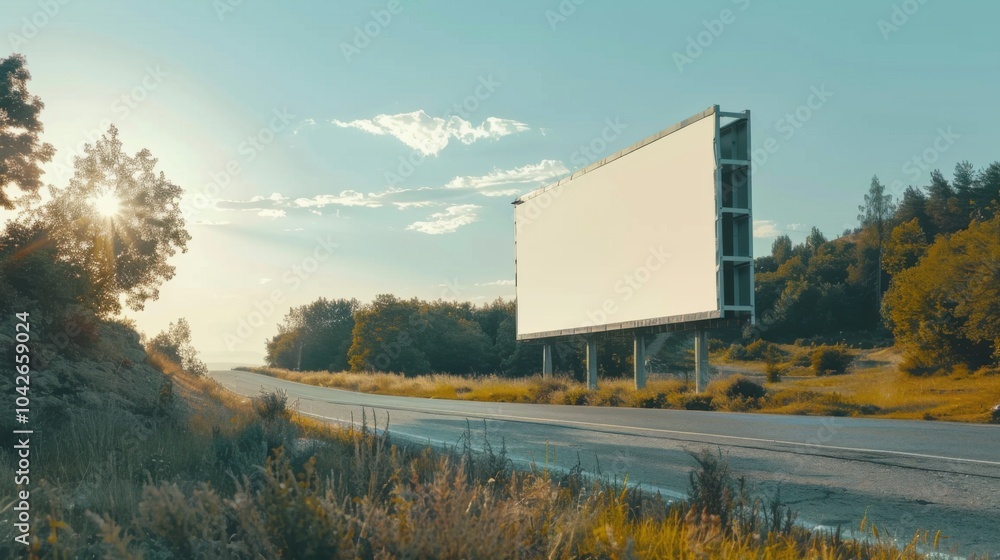 Obraz premium Empty billboard beside a quiet rural road at sunset with nature surrounding