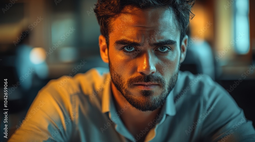 Intense Portrait of a Thoughtful Man in a Dimly Lit Environment Capturing Deep Emotions and Intrigue Intense Portrait of a Thoughtful Man in a Dimly Lit Environment Capturing Deep Emotions and Intrigue