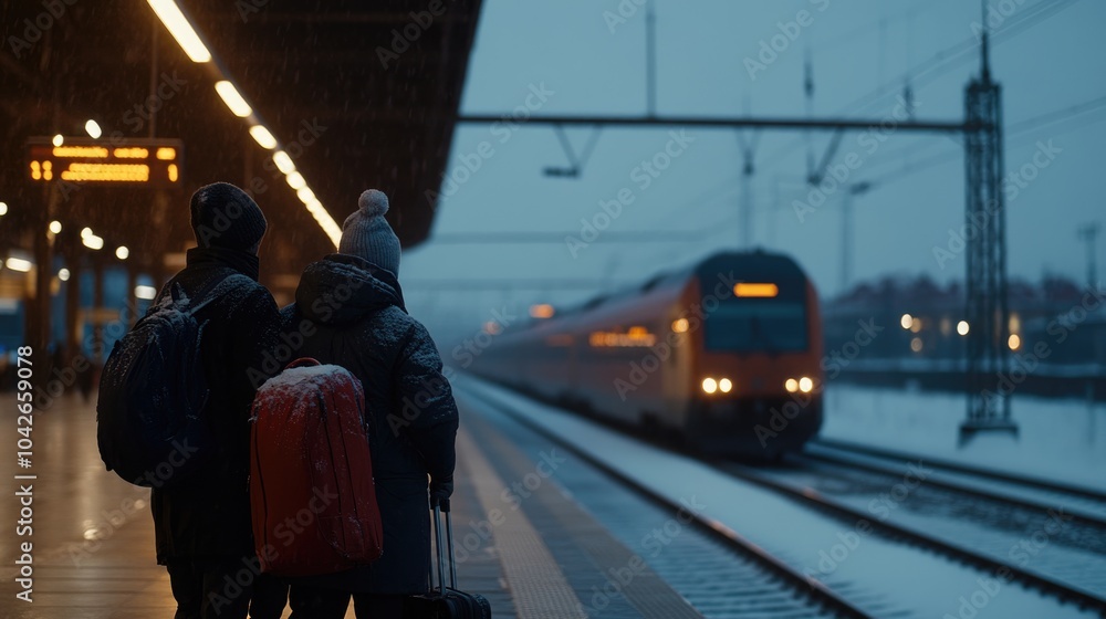 Travelers waiting for a train in a snowy evening station Travelers waiting for a train in a snowy evening station