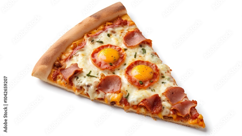 Delicious slice of breakfast pizza with sunny side up eggs and ham Delicious slice of breakfast pizza with sunny side up eggs and ham