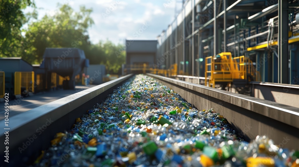 A photo stock image of a recycling plant processing materials for an eco-conscious future, ideal for sustainability campaigns, A photo stock image of a recycling plant processing materials for an eco-conscious future, ideal for sustainability campaigns,