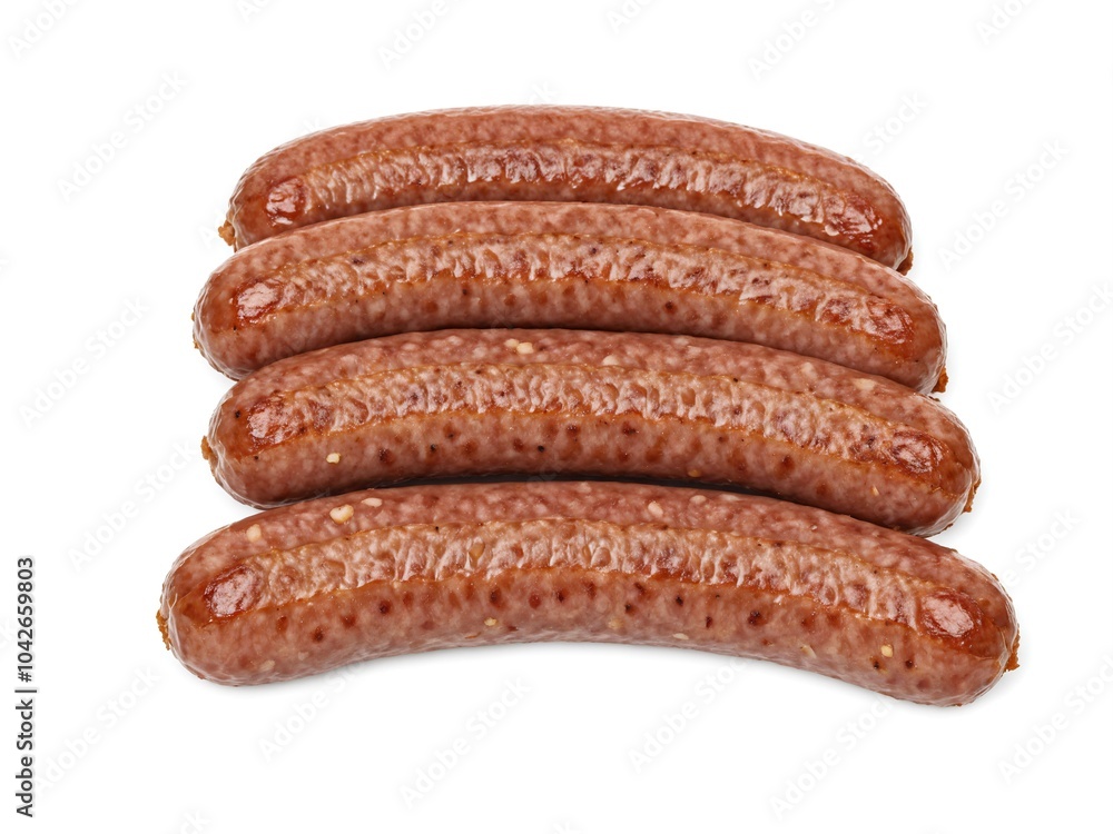 Four grilled bratwurst sausages arranged in a row Four grilled bratwurst sausages arranged in a row