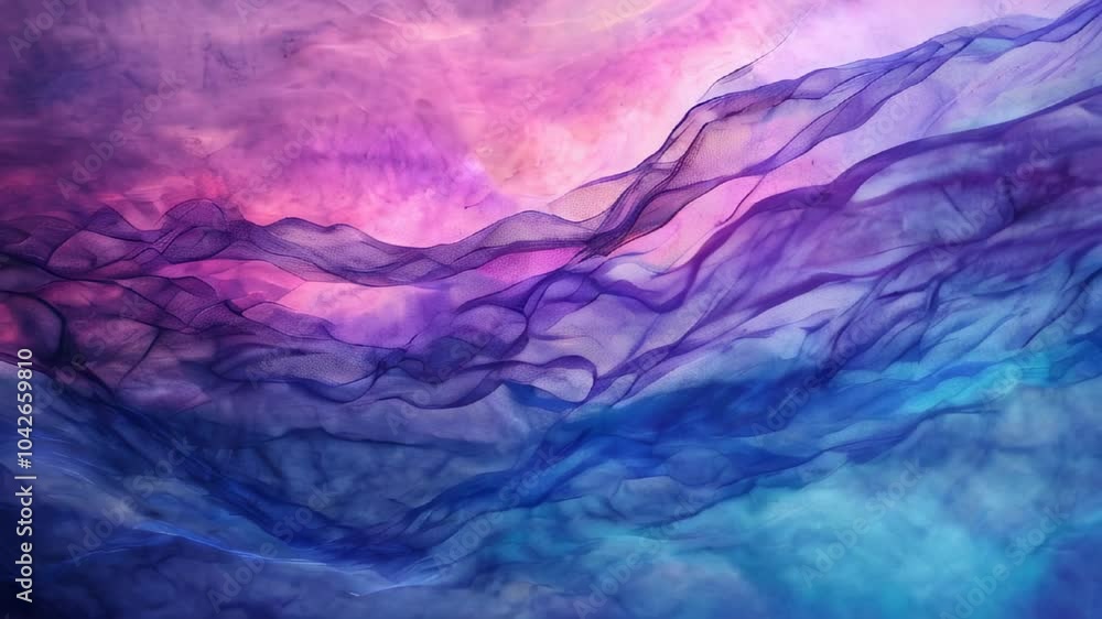 Abstract waves of soft, translucent fabric in purple and blue hues, creating a dreamy and flowing composition with a light, airy feel. Abstract waves of soft, translucent fabric in purple and blue hues, creating a dreamy and flowing composition with a light, airy feel.