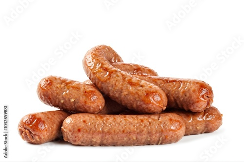 Grilled sausages piled on white background