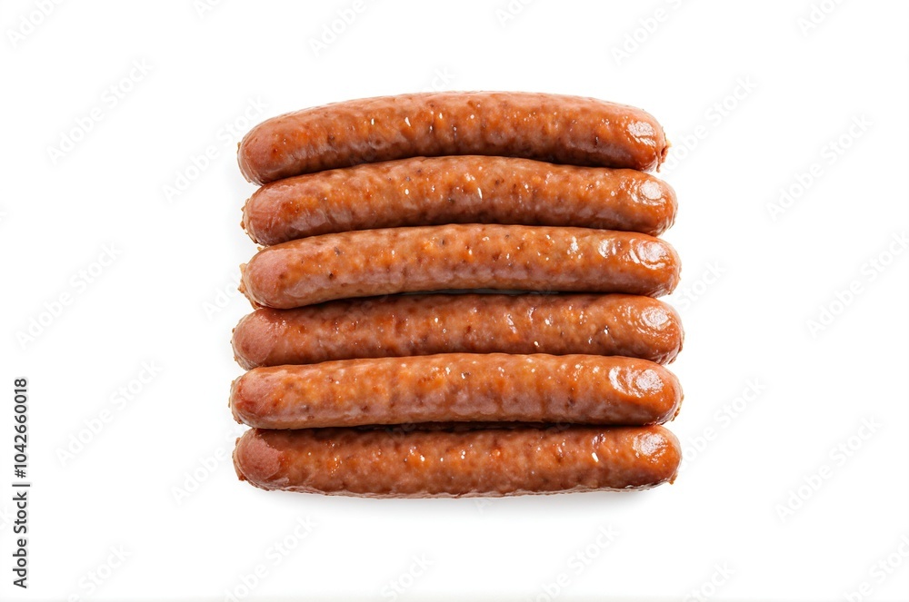 Stack of six grilled sausages on white background Stack of six grilled sausages on white background