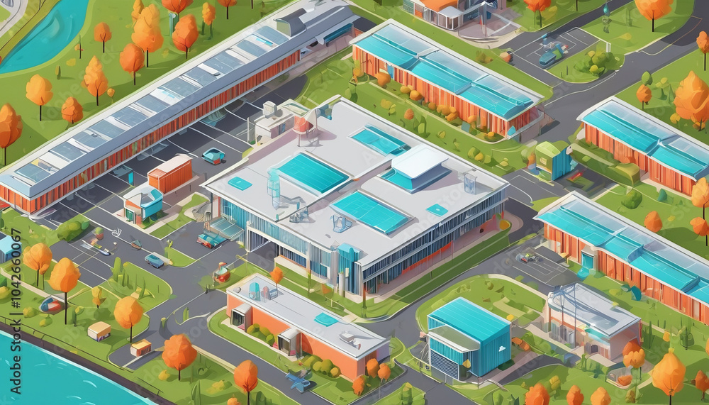vibrant aerial view of modern educational campus featuring multiple buildings, swimming pools, and landscaped areas. scene is filled with colorful trees and vehicles, creating lively atmosphere vibrant aerial view of modern educational campus featuring multiple buildings, swimming pools, and landscaped areas. scene is filled with colorful trees and vehicles, creating lively atmosphere