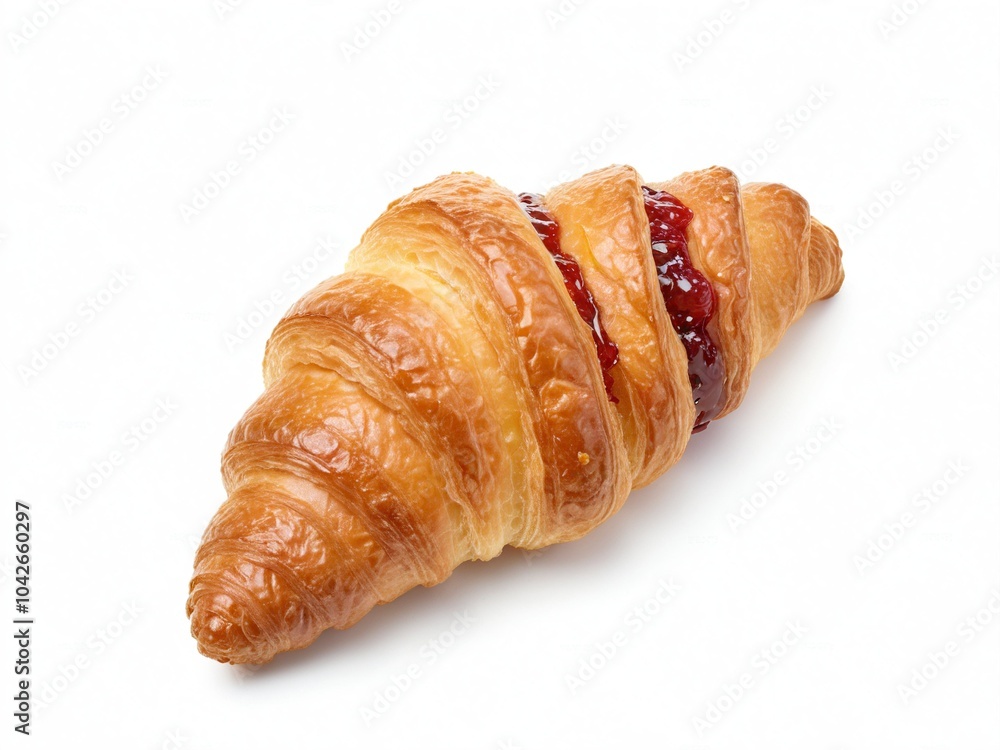 Fresh golden croissant with red berry jam filling on white background Fresh golden croissant with red berry jam filling on white background