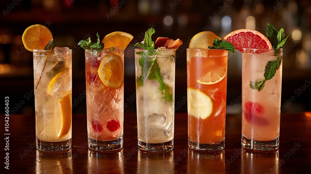 A vibrant display of refreshing cocktails adorned with citrus slices and mint, set against a warm, inviting bar backdrop. A vibrant display of refreshing cocktails adorned with citrus slices and mint, set against a warm, inviting bar backdrop.
