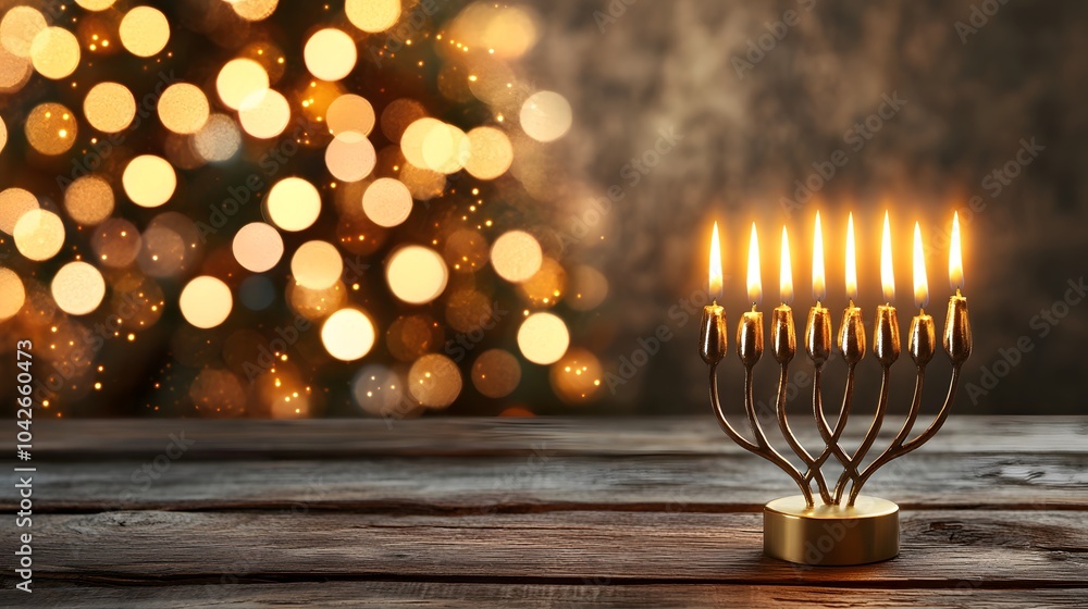 Menorah with Burning Candles on Wooden Table Menorah with Burning Candles on Wooden Table