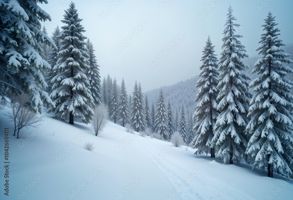 Serene Winter Pathway through Snow-Covered Trees Serene Winter Pathway through Snow-Covered Trees