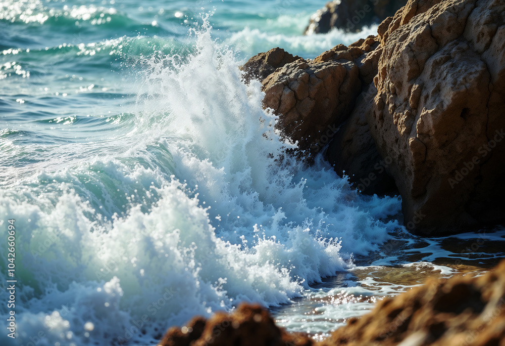 Fototapeta premium Waves Crashing Against a Rugged Rocky Shoreline