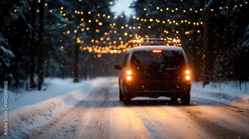 Cozy winter drive along a snow-covered road with festive lights