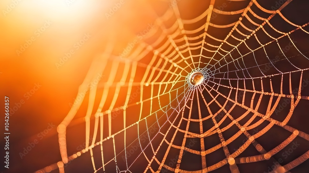 Naklejka premium Spider Web with Dewdrops in Golden Sunlight.