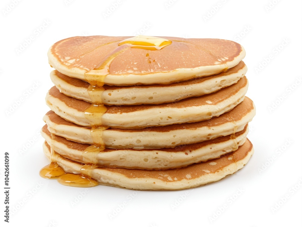 Stack of golden pancakes with melting butter and dripping syrup Stack of golden pancakes with melting butter and dripping syrup