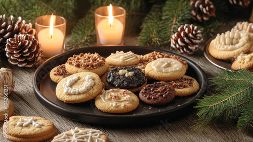 Festive holiday cookies on rustic table with candles glowing warmly