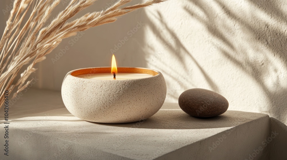 A serene candle in a minimalist setting, exuding warmth and tranquility. A serene candle in a minimalist setting, exuding warmth and tranquility.
