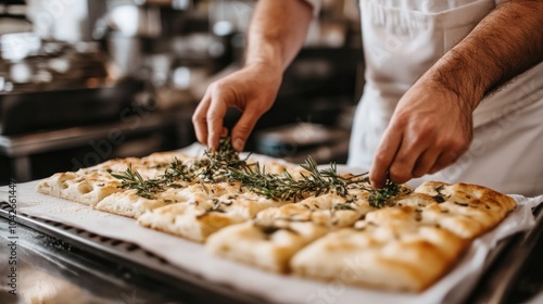 A chef garnishing freshly baked focaccia with herbs in a kitchen setting.