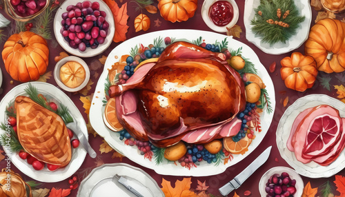 Wallpaper Mural beautifully arranged Thanksgiving feast featuring golden brown roasted turkey surrounded by seasonal fruits, vegetables, and festive decorations. table is adorned with pumpkins, cranberries, and Torontodigital.ca