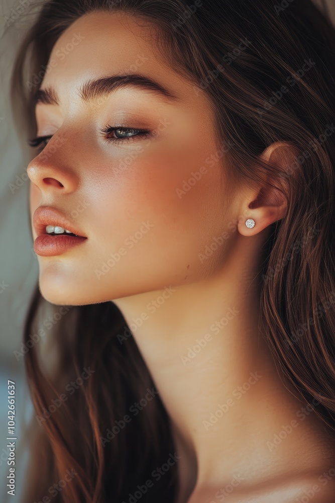 Obraz premium A woman with long brown hair and a diamond earring