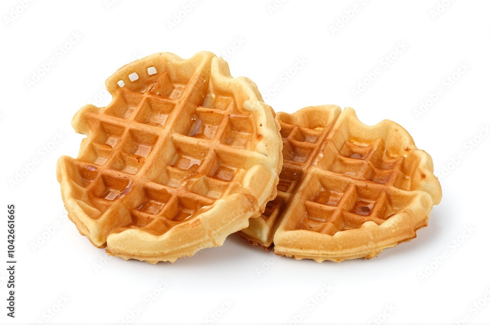 Golden heart-shaped waffles with syrup drizzle on white background Golden heart-shaped waffles with syrup drizzle on white background