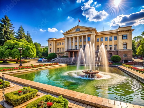 Government Building in Pravets, Bulgaria with Water Fountain on a Hot Summer Day photo