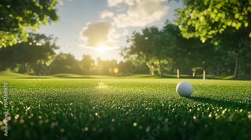 A serene golf course at sunrise, featuring a golf ball on pristine green grass, surrounded by lush trees and soft sunlight. photo