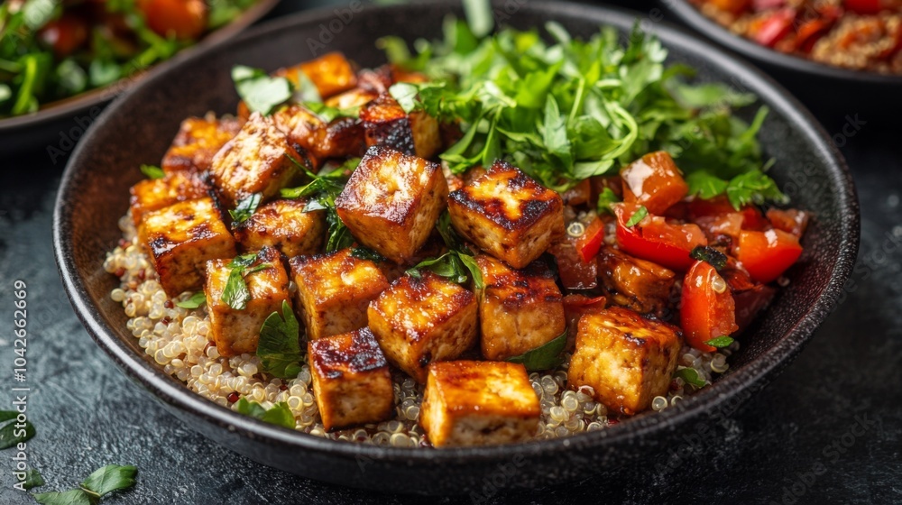 Fototapeta premium Tofu and Quinoa Bowl with Tomatoes and Parsley