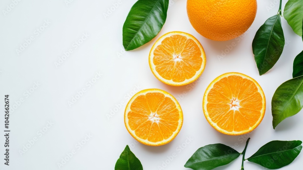 Fresh oranges and leaves arranged on a white background, top view. Fresh oranges and leaves arranged on a white background, top view.