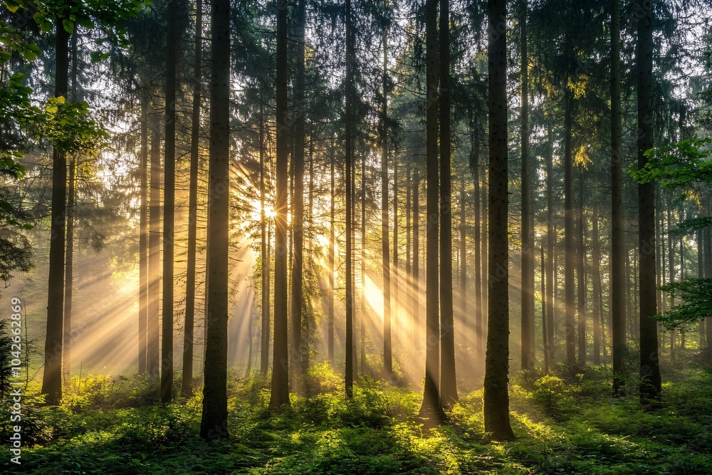 A serene forest scene bathed in sunlight, with rays filtering through tall trees, creating a tranquil and magical atmosphere. A serene forest scene bathed in sunlight, with rays filtering through tall trees, creating a tranquil and magical atmosphere.