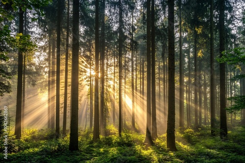 A serene forest scene bathed in sunlight, with rays filtering through tall trees, creating a tranquil and magical atmosphere.