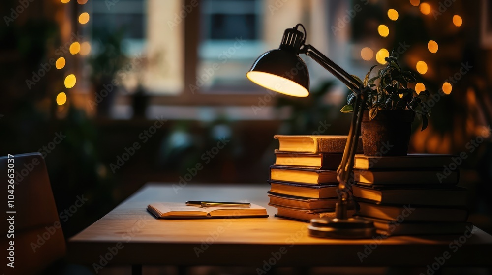A cozy workspace with a lamp, books, and a notebook, creating a warm reading atmosphere. A cozy workspace with a lamp, books, and a notebook, creating a warm reading atmosphere.