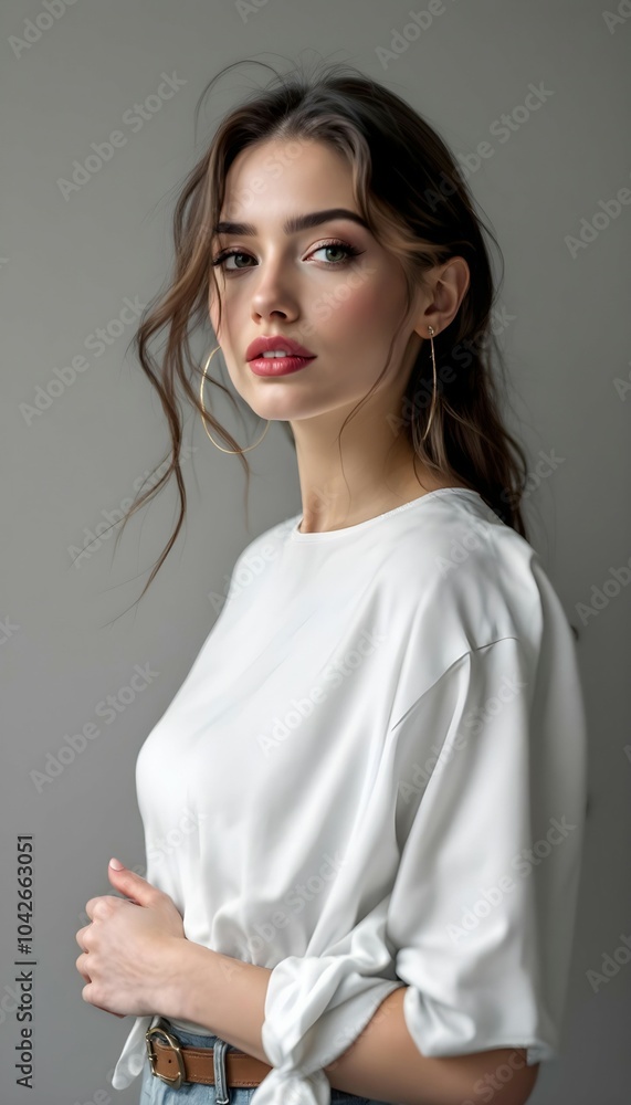 Elegant Young Woman Posing in White Top with a Minimalist Background Elegant Young Woman Posing in White Top with a Minimalist Background