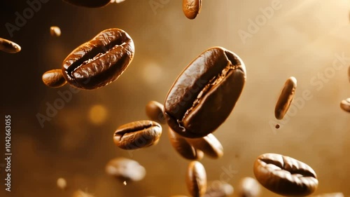 Brown coffee beans are falling in the air.