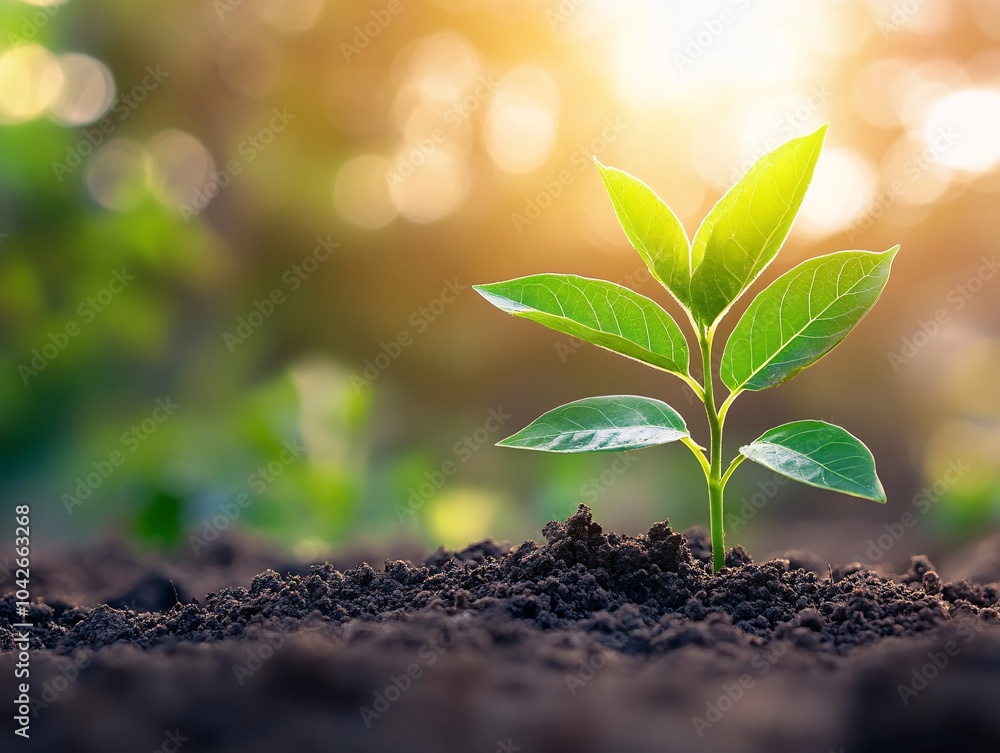 A small green plant sprouting from the dark soil, illuminated by soft sunlight in a serene nature setting. A small green plant sprouting from the dark soil, illuminated by soft sunlight in a serene nature setting.
