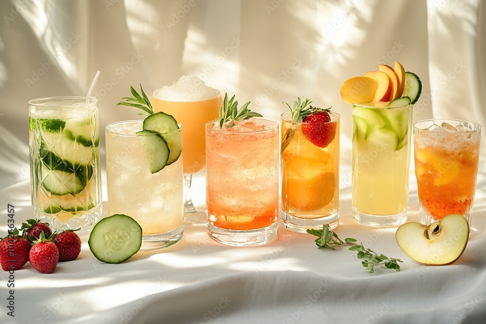 Fototapeta premium A variety of summer cocktails, presented on an elegant white table