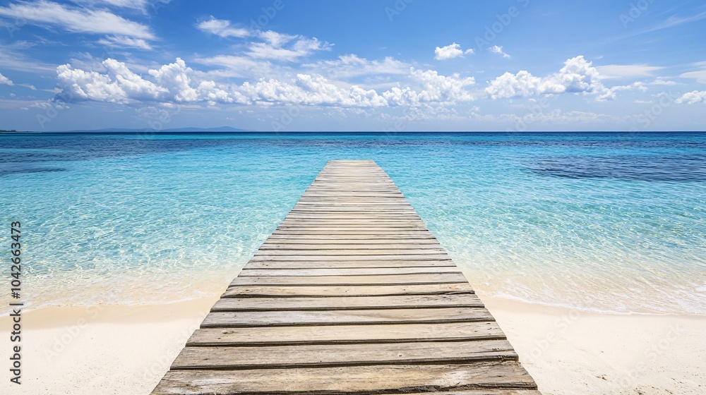 A serene wooden pier extending into crystal clear turquoise waters under a bright blue sky with fluffy white clouds, perfect for relaxation and escape. A serene wooden pier extending into crystal clear turquoise waters under a bright blue sky with fluffy white clouds, perfect for relaxation and escape.