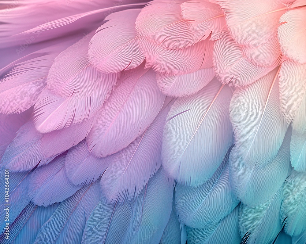 Fototapeta premium A close-up view of vibrant, colorful feathers in gradient hues of pink and blue, showcasing intricate details and soft textures.