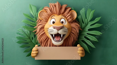 Cartoon Lion Holding Blank Sign. photo