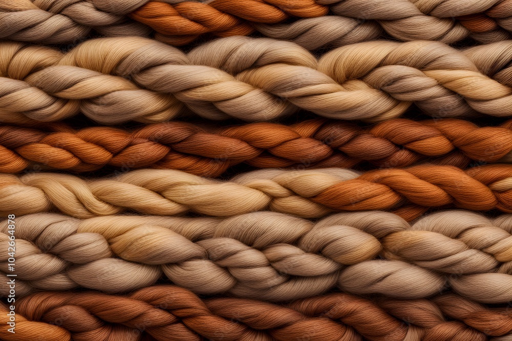 Wool yarns in earthy tones of tan ochre and rust twisted into a braided pattern, AI Generated Wool yarns in earthy tones of tan ochre and rust twisted into a braided pattern, AI Generated