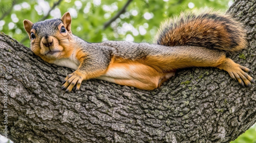 A relaxed squirrel lounging on a tree branch, enjoying its surroundings. A relaxed squirrel lounging on a tree branch, enjoying its surroundings.
