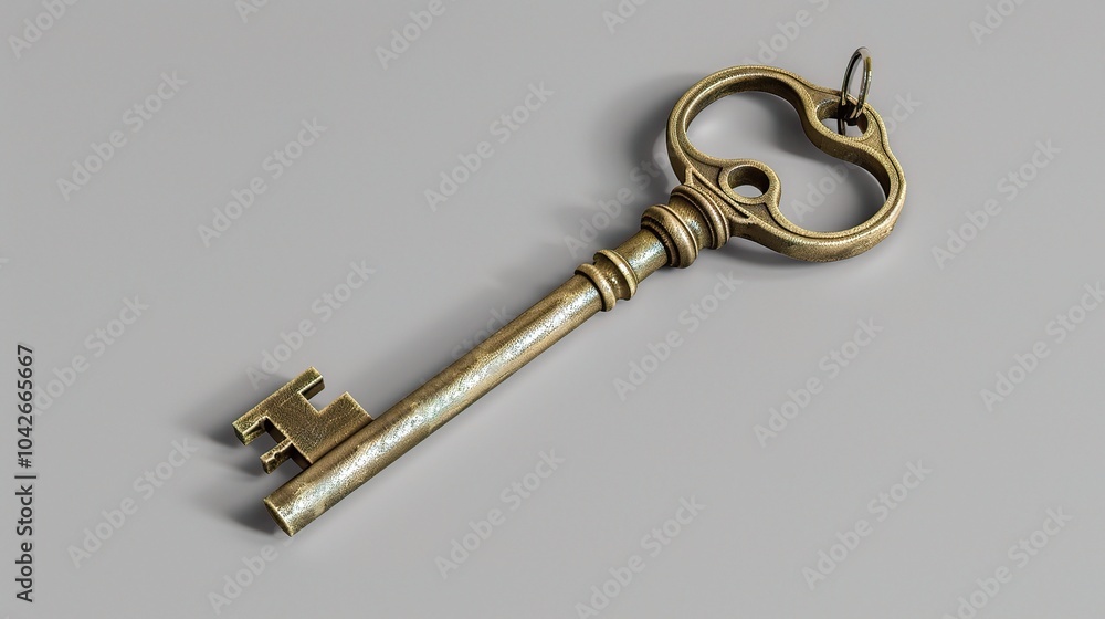 House key isolated on gray background - a symbol of home and security. This image shows a house key standing alone against a muted gray backdrop, evoking a sense of stability and access House key isolated on gray background - a symbol of home and security. This image shows a house key standing alone against a muted gray backdrop, evoking a sense of stability and access