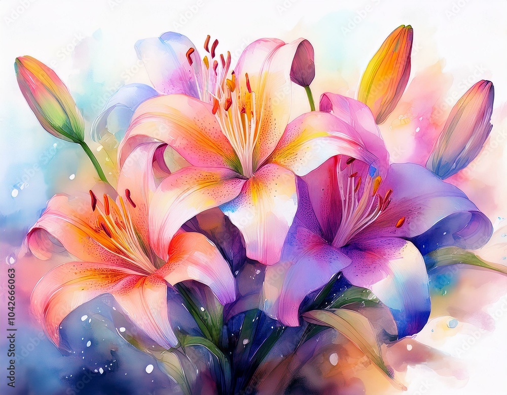 Colorful lily flower bouquet on white background