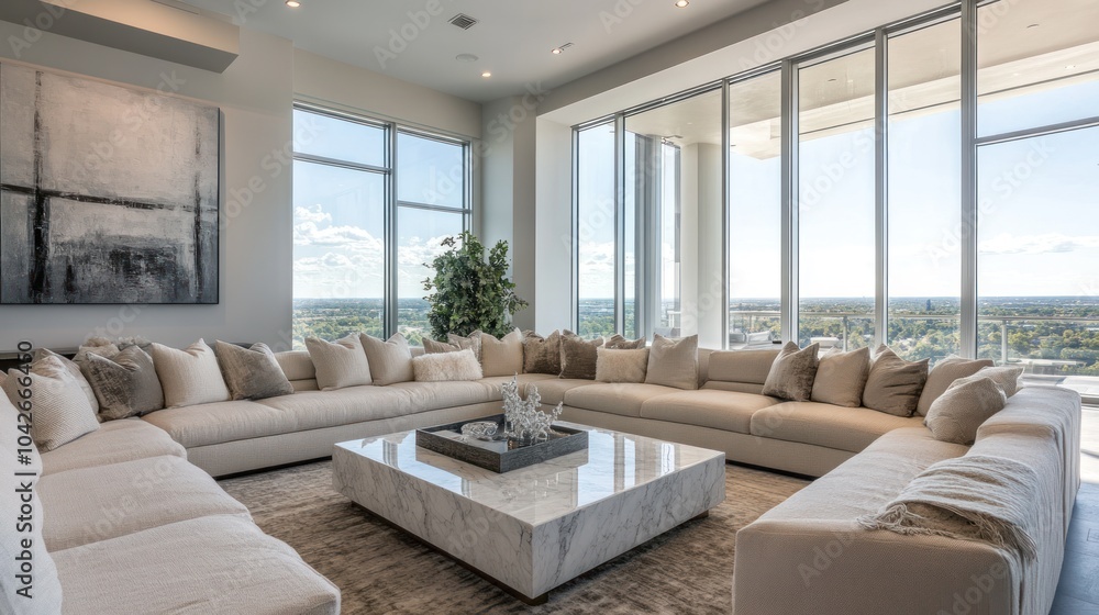 Fototapeta premium Modern living room with large sectional sofa and panoramic city views.