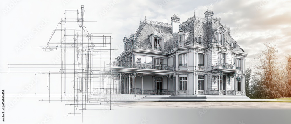 Obraz premium A detailed architectural rendering of a mansion alongside its blueprint.