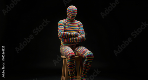 Colorful abstract figure made from interwoven strands of yarn sits on a simple wooden stool on dark background. photo