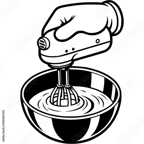 Chef hand holds mixer beats cream in deep bowl in monochrome. Simple minimalistic vector in black ink drawing on transparent background