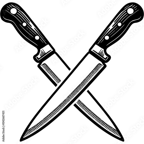 Crossed kitchen knives in monochrome. Simple minimalistic vector in black ink drawing on transparent background