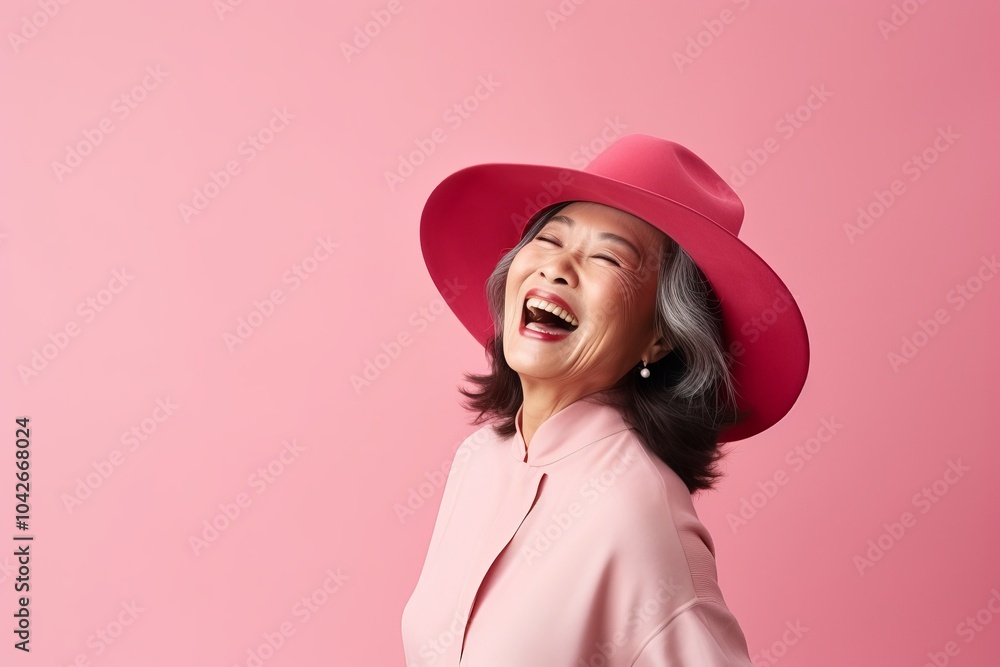 Portrait of a happy senior asian woman with hat on pink background Portrait of a happy senior asian woman with hat on pink background