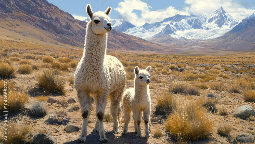 Fototapeta premium Llama day. A baby llama with it's mother. Panoramic banner with place for text